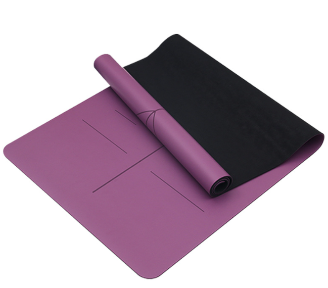 Purple PU yoga mat with alignment lines and a black rubber base