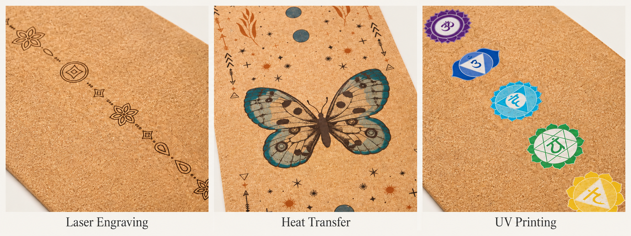 Cork yoga mat branding comparison: laser engraving, heat transfer butterfly artwork, and UV printing.