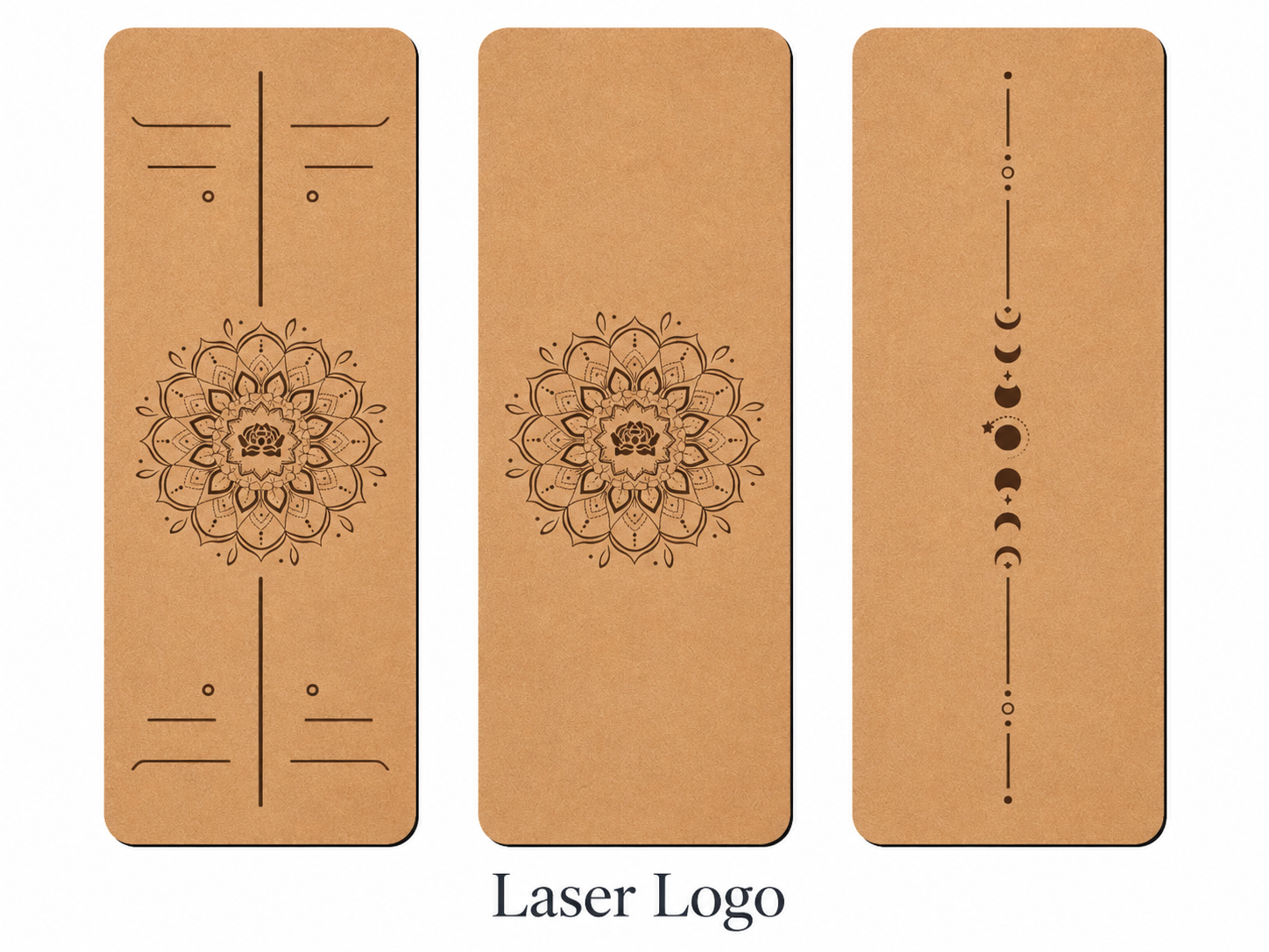 Three cork yoga mats with laser-engraved mandala, alignment line and moon phase designs